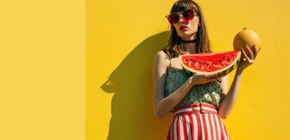 AI generated woman with sunglasses holding watermelon and grapefruit photo