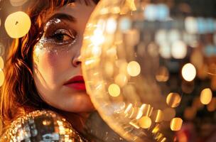 AI generated woman with disco ball next to backdrop, silver and amber photo