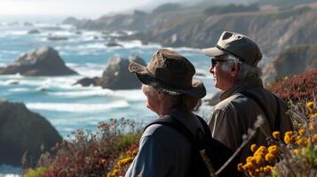 AI generated Elderly Pair in Awe of Nature's Beauty While Hiking photo