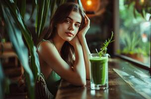 AI generated woman poses on a table with green smoothie photo