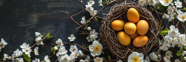 AI generated wooden eggshaped nest with empty yellow eggs photo