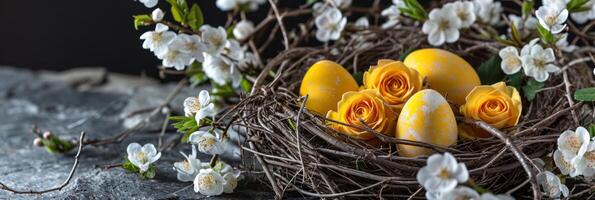 AI generated wooden eggshaped nest with empty yellow eggs photo