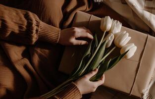 AI generated woman handing white tulips with gift box photo