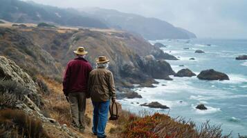 AI generated Elderly Pair in Awe of Nature's Beauty While Hiking photo