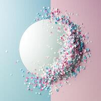 AI generated confetti is poured outside a white circle photo