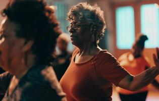 ai generado mujer bailando con otro mujer a un danza clase, foto