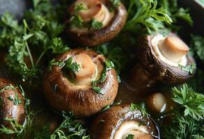 AI generated mushrooms in a sauce with green foliage photo