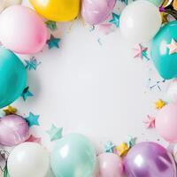 AI generated colorful balloons and party props on a background, photo