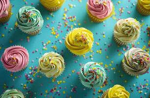 AI generated colourful cupcakes with confetti decorations surrounding photo