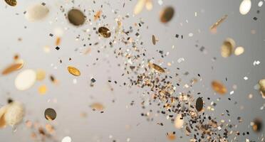 AI generated confettis, gold bottles, silver stars, and paper confetti photo