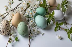 AI generated A spring holiday scene with pastel hues, decorated eggs photo