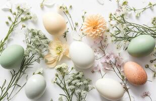 AI generated A spring holiday scene with pastel hues, decorated eggs photo