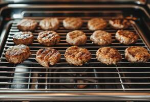 AI generated grilled lamb and lamb patties on a grill rack photo