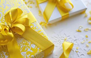 AI generated gold gift wrapping, ribbon and gift boxes photo