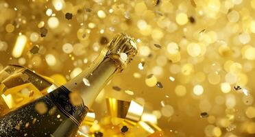 AI generated golden background with a bottle of champagne and confetti photo