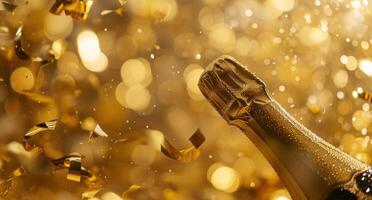 AI generated golden background with a bottle of champagne and confetti photo