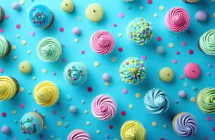 AI generated colorful circles and colorful cupcakes on background photo