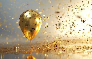 AI generated golden birthday balloon with confetti falling in front of it photo