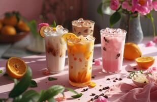 AI generated coffee drinks, smoothies, iced tea products and shakes photo