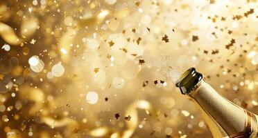 AI generated golden background with a bottle of champagne and confetti photo