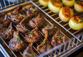 AI generated grilled lamb and lamb patties on a grill rack photo