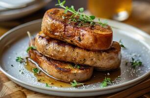 AI generated fresh sausage on top of french toast photo