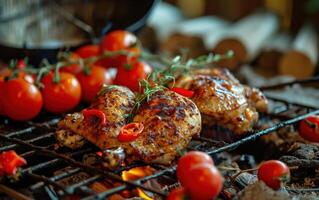 AI generated grilled chicken sitting on grill with tomatoes and red peppers photo