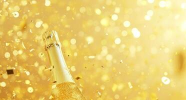 AI generated golden background with a bottle of champagne and confetti photo