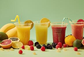 AI generated fresh smoothies and fruits sitting on a table photo