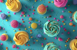 AI generated colorful circles and colorful cupcakes on background photo