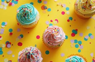 AI generated colourful cupcakes with confetti decorations surrounding photo