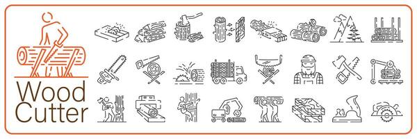 Woodcutter line icon set. Logging, sawmill line icon in circles, logging truck, tree harvester, timber, lumberjack, wood and lumber. Vector illustration.