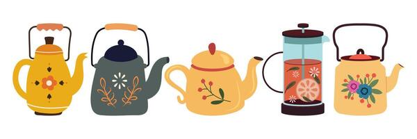 Cups with tea, mugs, desserts, sweets, pastry and ceramic teapots. Breakfast leaf drink. Kettle pouring hot beverage. Tea party vector set. Jar with cookies, plate with lemons and bottle with milk.