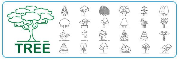 Tree line icon set. Naturally beautiful symbol, wooden trunk and outline branches for map. Tree vector outline art illustration isolated on white background.