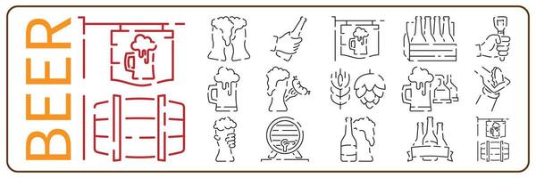 Beer Related Vector Line Icon set. Contains such Icons as Barrel, Six-pack, Keg, Signboard, Mug, and more drinks. Alcohol pub or bar glass.