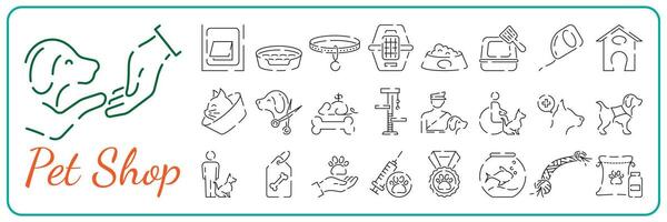 Petshop line icon set. Pet shop, pets, cat or dog, vitamin, food, toy and more vector. vector