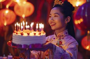 AI generated happy chinese woman with a birthday cake photo