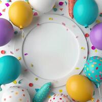 AI generated colorful balloons and party props on a background, photo