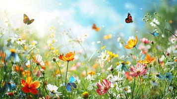ai generado un primavera fiesta antecedentes adornado con flores, mariposas foto