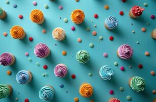 AI generated colorful circles and colorful cupcakes on background photo