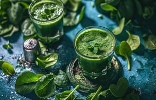 AI generated homemade spinach juice with green leaves photo