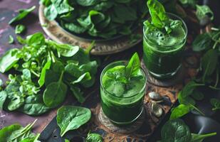 AI generated homemade spinach juice with green leaves photo