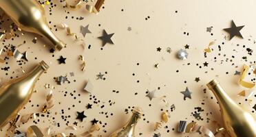 AI generated confettis, gold bottles, silver stars, and paper confetti photo
