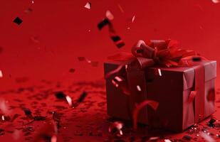 AI generated holiday gift box isolated on red background with red confetti photo