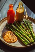 AI generated a plate of asparagus, a bottle of dressing, and skewers photo