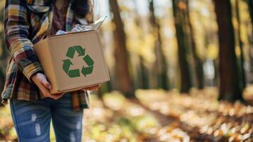 ai generado un joven niña participación un caja con un el plastico reciclaje logo en el parque foto