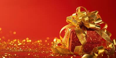 AI generated gold gift box, ribbon on rudo red background photo