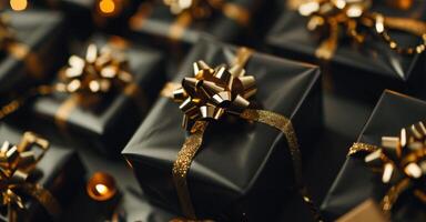 AI generated on white background black with gold shiny bows wrapped presents photo