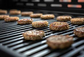 AI generated a set of small grilled meat burgers that are sitting on an electric grill photo