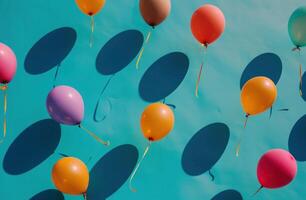 AI generated multiple colored balloons are on a blue background, photo